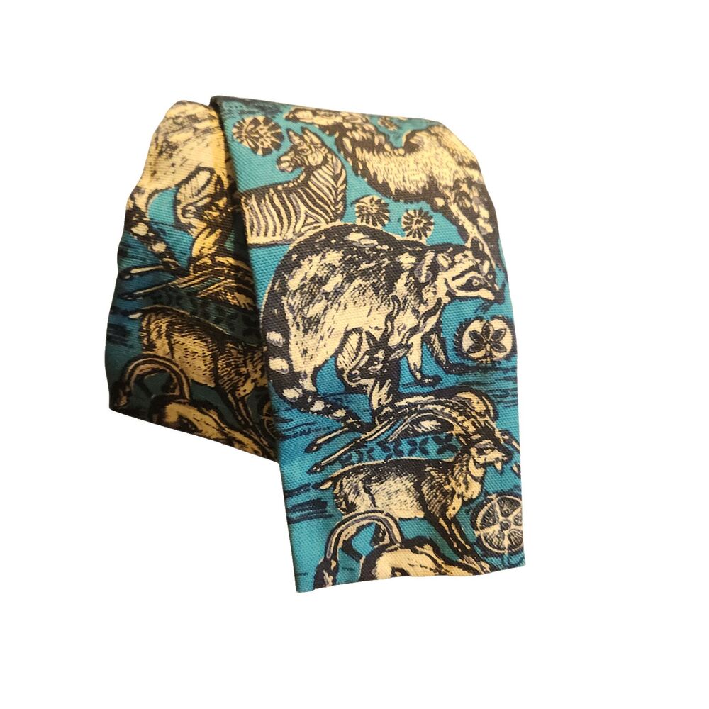 Vintage Rooster Square End Tie Cotton Teal Color w/ Cream & Black Wild Animals